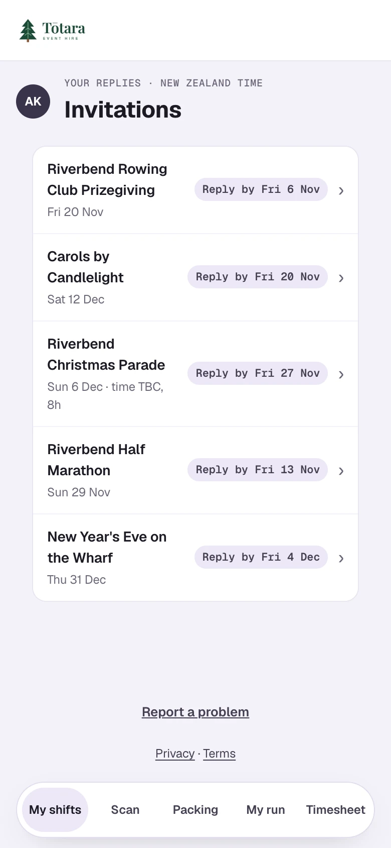 The crew portal on a phone: invitations waiting for a reply, each with the event, its date and the date to reply by.