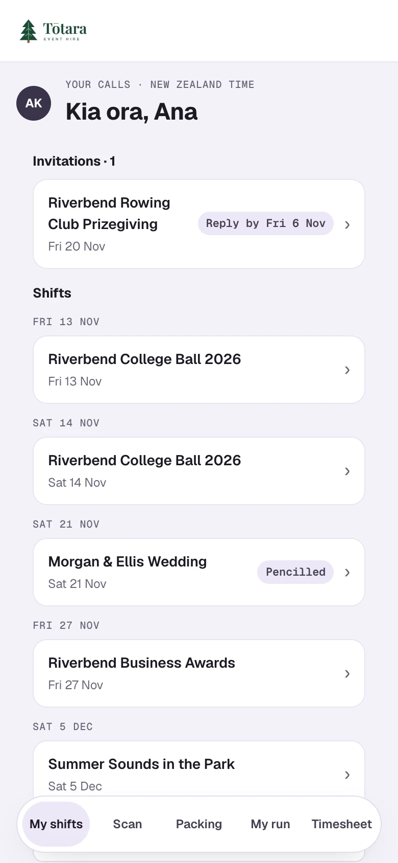 The crew portal on a phone: an invitation waiting for a reply, then the crew member's shifts day by day, one of them pencilled.