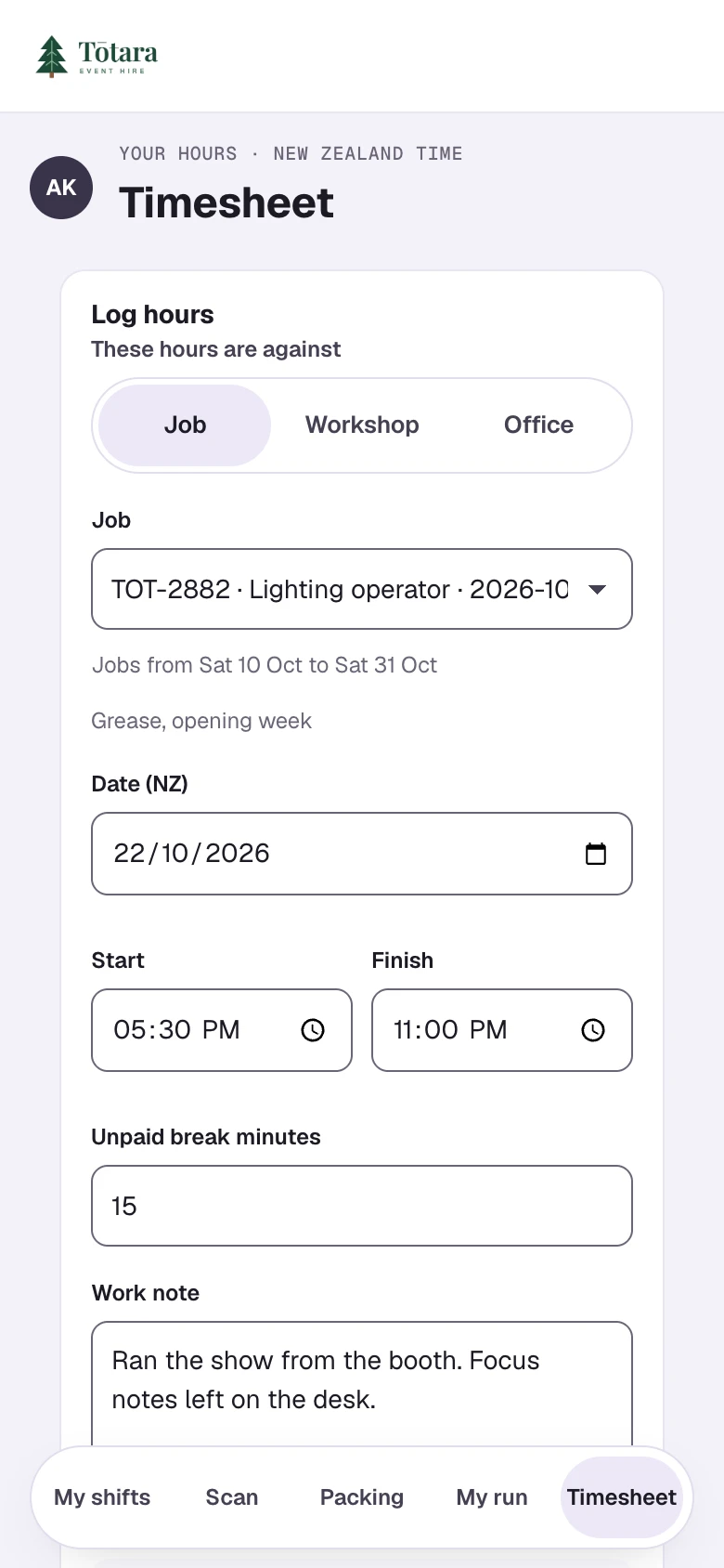 The crew portal on a phone: logging hours against a job, with the date, start and finish times, an unpaid break and a work note.