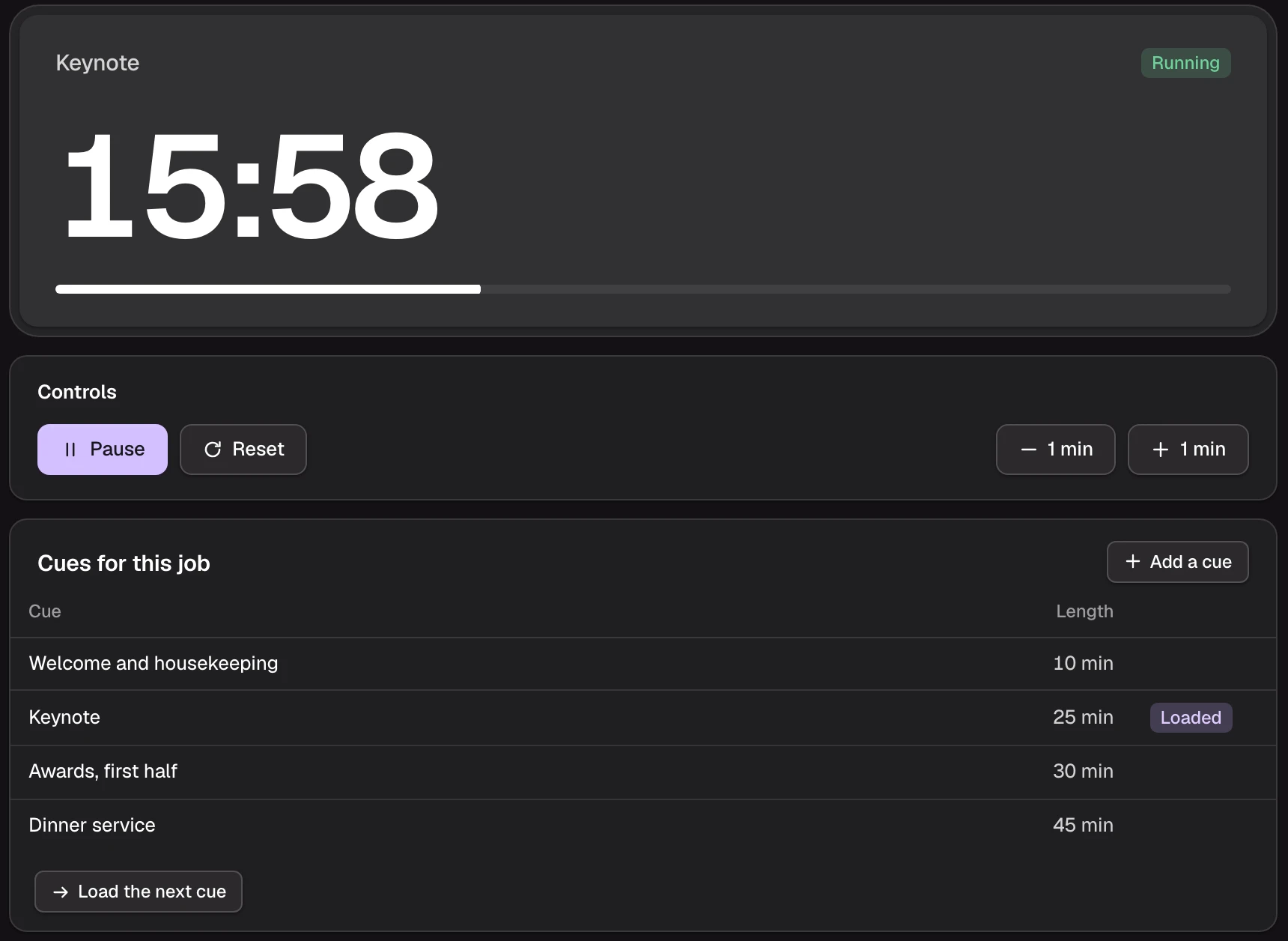 The stage timer, a custom module, on a job's tab in Cue-RMS: the keynote counting down with fifteen minutes left and a progress bar, pause, reset and one-minute controls, and the job's cues listed with their lengths.