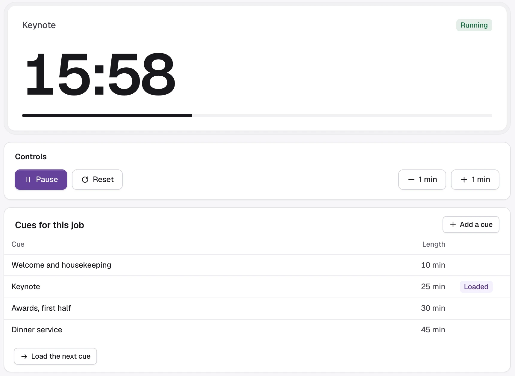 The stage timer, a custom module, on a job's tab in Cue-RMS: the keynote counting down with fifteen minutes left and a progress bar, pause, reset and one-minute controls, and the job's cues listed with their lengths.