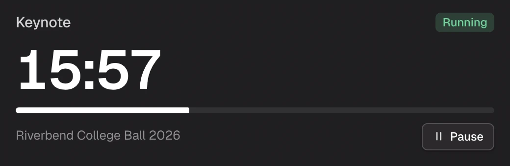 The stage timer's dashboard widget: the keynote counting down, a progress bar, the job's name and a pause button.