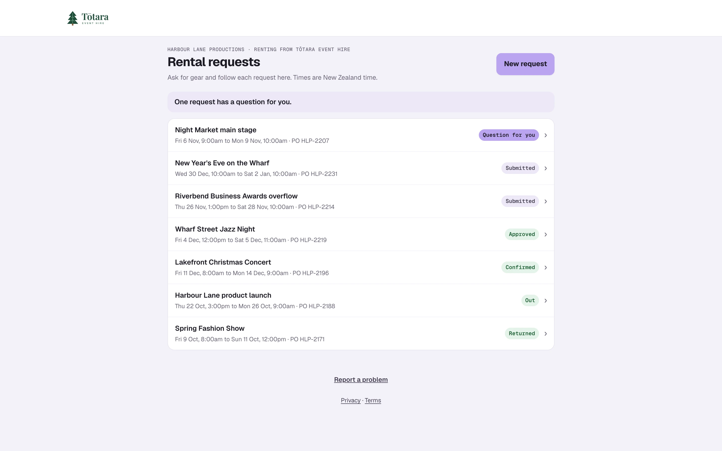 The sub-hire partner portal: another hire company's rental requests, each with its dates, PO number and status from submitted through approved, confirmed, out and returned, one with a question waiting for them.