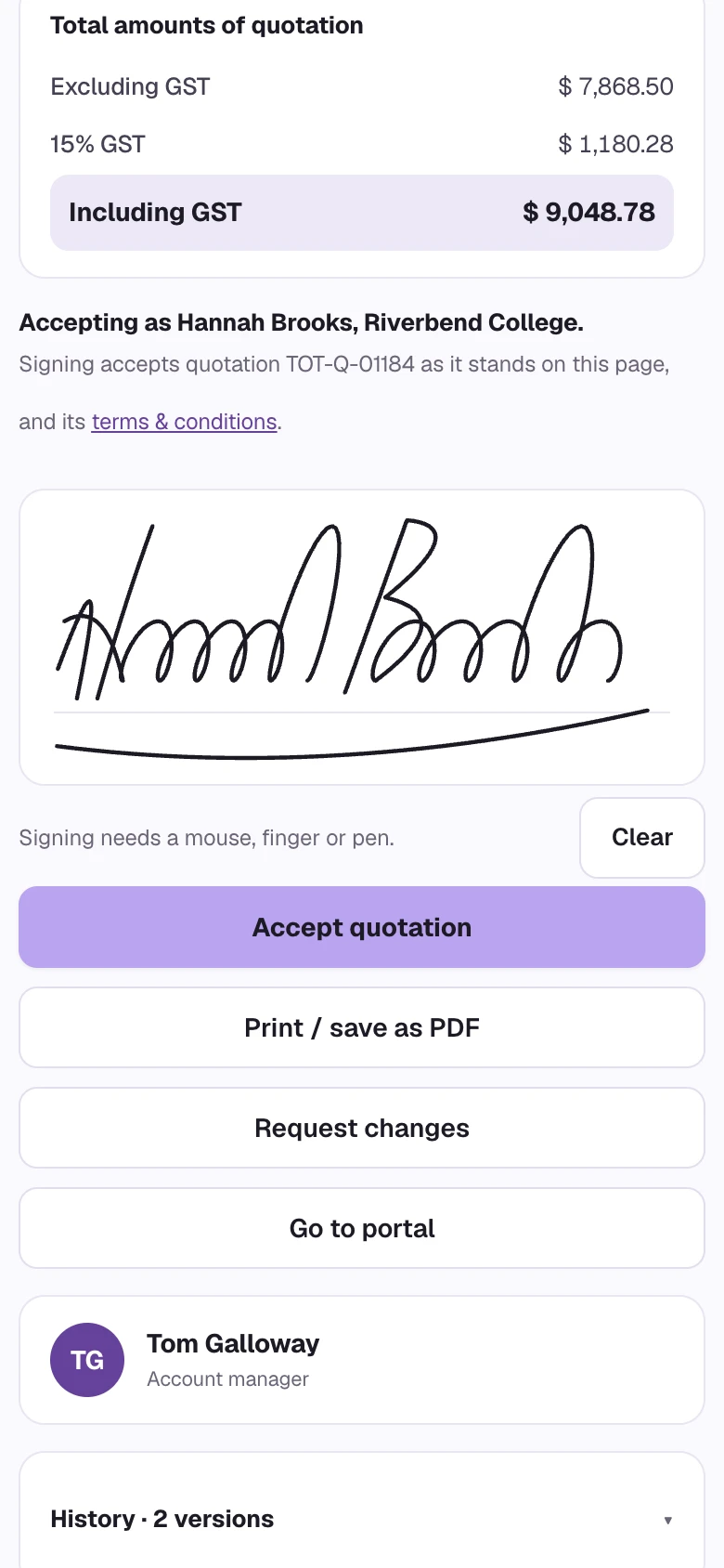 The client's quote page on a phone: the totals, the client's signature and the Accept quotation button, with Request changes below.