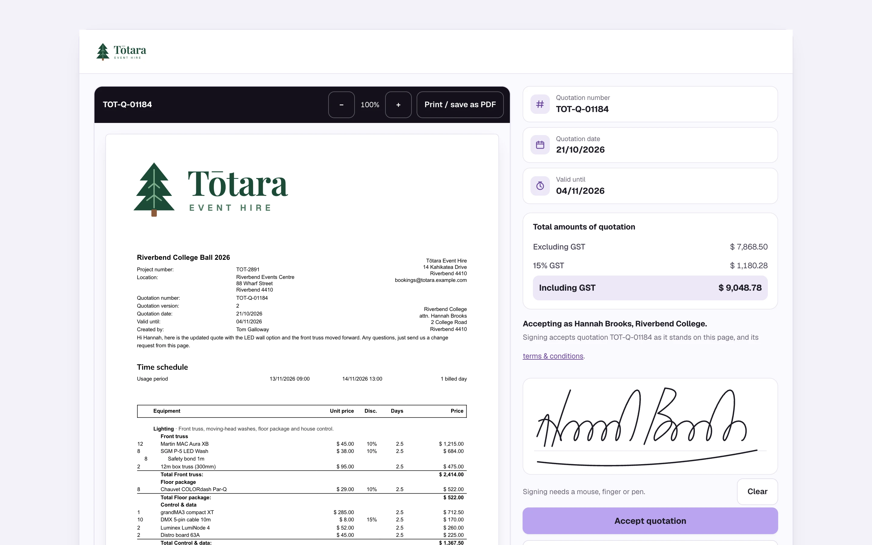 A client's page for a quote in the Cue-RMS portal: the hire company's branded quote document for a college ball on the left, and on the right the quote number, dates and totals above a signature pad to accept it.