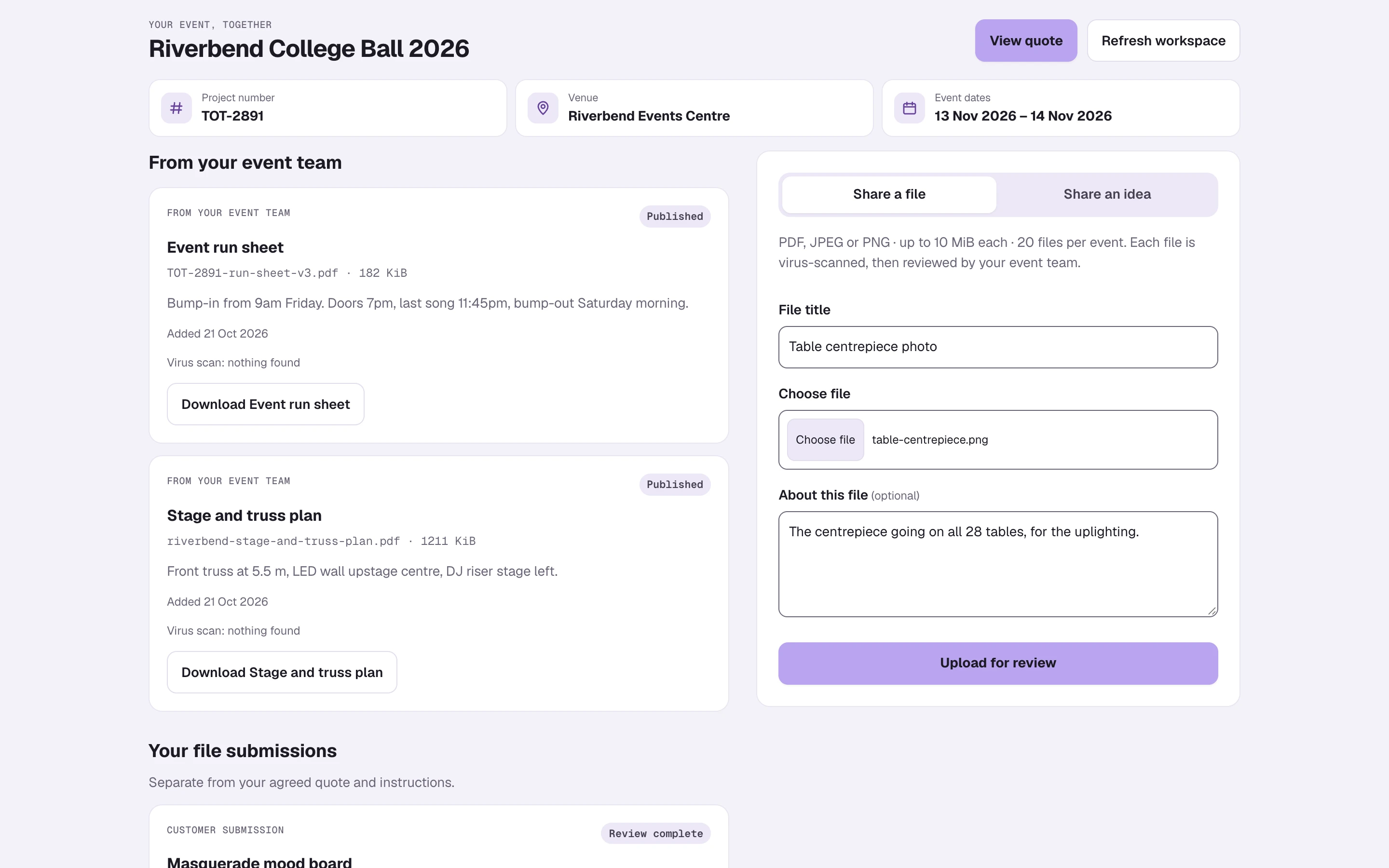 A client's event workspace for a college ball: the run sheet and the stage plan published by the event team, ready to download, and a form to share a file or an idea with the team for review.