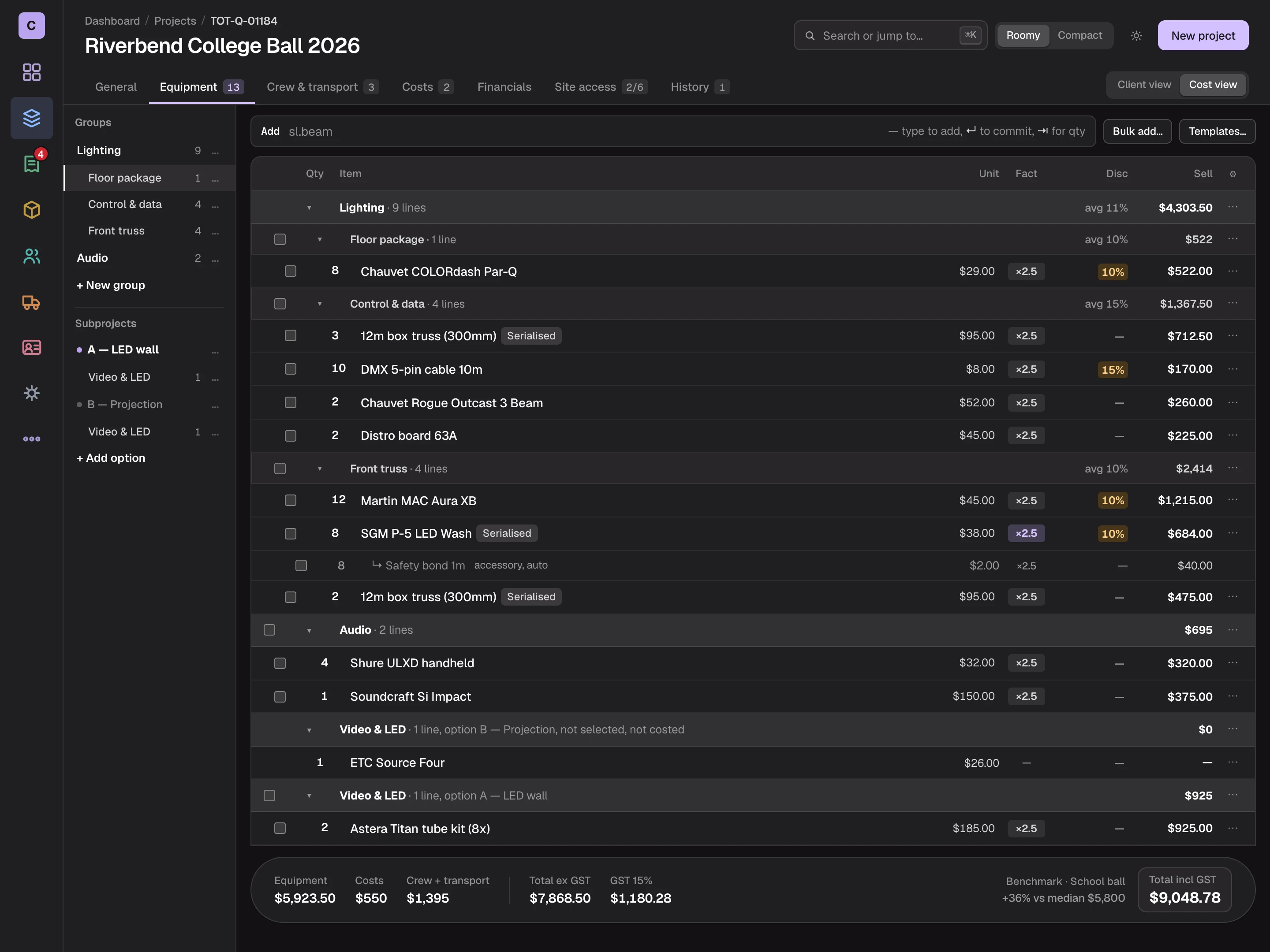 The Cue-RMS quote builder: a school ball quote grouped into lighting and audio, each line showing its rate, duration factor, discount and sell price, with equipment, costs, crew, tax and a benchmark against similar jobs totalled along the bottom.