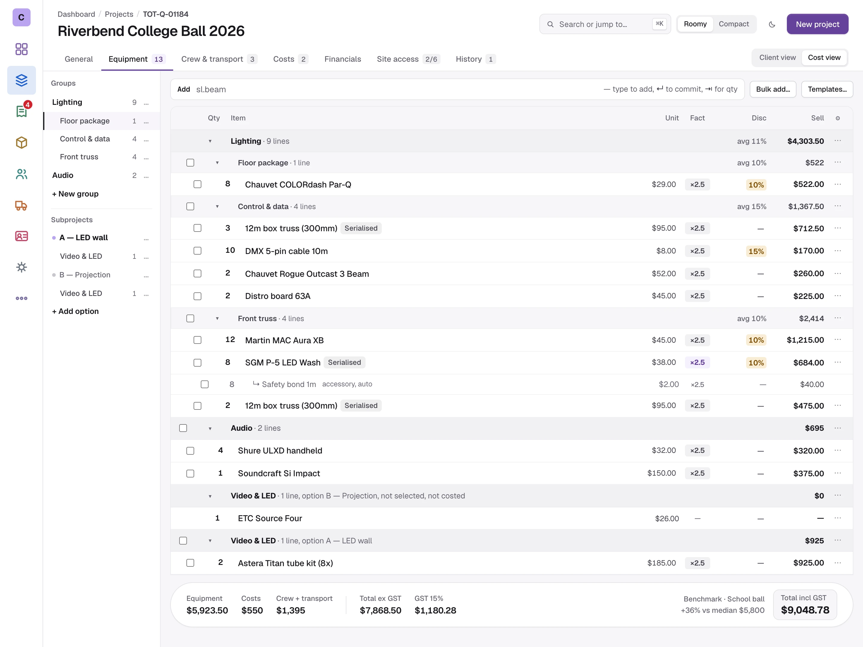 The Cue-RMS quote builder: a school ball quote grouped into lighting and audio, each line showing its rate, duration factor, discount and sell price, with equipment, costs, crew, tax and a benchmark against similar jobs totalled along the bottom.